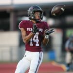 OUTSTANDING PERFORMANCE - Pearland senior wide receiver Christian Pitts catches a 31-yard touchdown pass on the first play of the game vs Shadow Creek. Pitts also started the game off with a 69-yard kickoff return to put the Oilers deep into Shadow Creek territory. Pearland would hold a 20-10 lead into the fourth quarter until the Sharks offense finally broke out with their trademark big plays for two late touchdowns to get the win 24-20. Up next for Pearland is a road trip to face Alief Elsik while Shadow Creek is at home for Alief Hastings. Both games are Friday September 30 at 7 p.m. (Photo by Lloyd Hendricks)