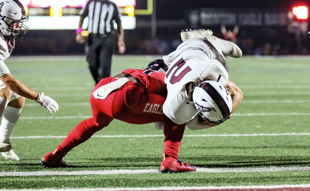 DIVING INTO THE END ZONE - Pearland senior quarterback J.D. Head found the end zone for a 4-yard touchdown against Dawson in the PearBowl cutting the lead to 37-29 with 9:50 remaining in the fourth quarter. A 32-yard field goal by Carter Brown put the Eagles ahead 40-29 with 1:54 left in the game which stood at the final buzzer. Dawson's win ties up the series 3-3 since both schools began playing in the same district in 2014. (Photo by Lloyd Hendricks)