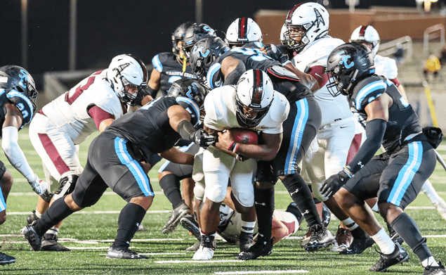 TOUGH TD RUN - Pearland senior RB Darius Hale found the end zone on a 5-yard run against Shadow Creek to give the Oilers an early 6-0 lead. That would be the last score for Pearland as the Sharks went on to a 20-6 district win. Pearland is now 6-2 on the season and 4-2 in league action. Shadow Creek improved to 4-2 overall and 4-0 in the league standings. Pearland will host the winless Alvin Yellowjackets on Friday, November 20 at The Rig at 7:00 p.m. (Photo by Lloyd Hendricks)