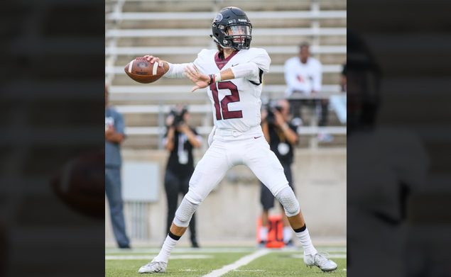 ON TARGET - New Pearland quarterback J.D. Head (12), who is an Oklahoma transfer, made a major statement in his first appearance in a Oilers' uniform when he hit 14-of-19 passing for 197 yards with one INT in leading the Oilers to a convincing 47-10 win over the Cy-Springs Panthers. Pearland will host Spring Branch Memorial on Friday, September 7 at 7:00 p.m. at The Rig. (Photo by Lloyd Hendricks)