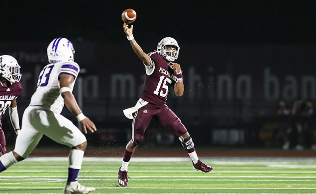 Pearland freshman QB Jackson Hamilton threw his first high school TD pass when both teams went to the bench in the 4th quarter. With good arm strength and excellent running ability, Hamilton shows a lot of promise for the Oilers' future. (Photo by Lloyd Hendricks)